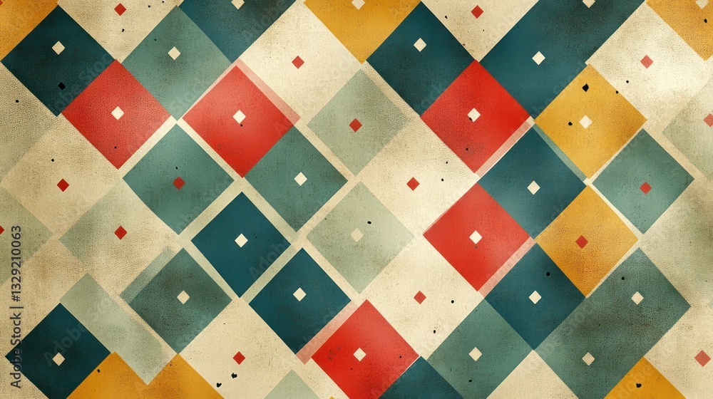 Poster vintage geometric pattern with squares and dots on textured background.