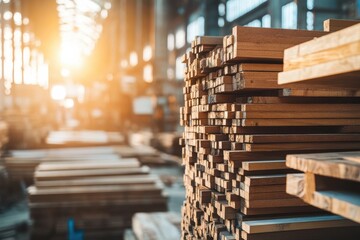 Obraz premium The image showcases a beautiful pile of lumber illuminated by a sunset in an industrial setting, creating warmth.