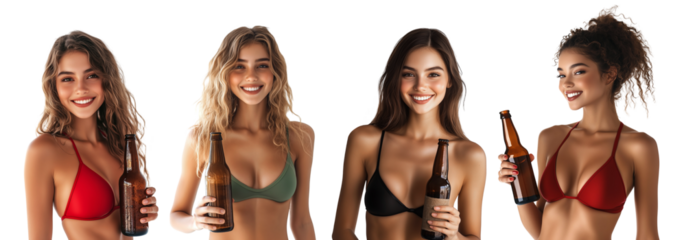 Set of beauty young woman in bikini holding beer bottle isolated on white