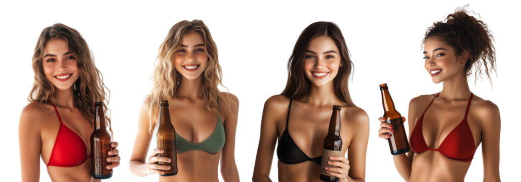 Set of beauty young woman in bikini holding beer bottle  isolated on white