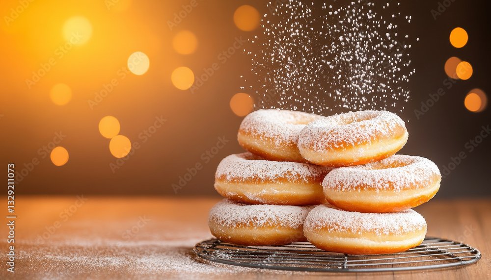 Aufkleber freshly made doughnuts dusted with powdered sugar, stacked on cooling rack, create delightful and in
