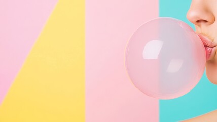 Obraz premium A close-up of a person blowing a massive pink bubble gum bubble, their face partially hidden behind the translucent gum