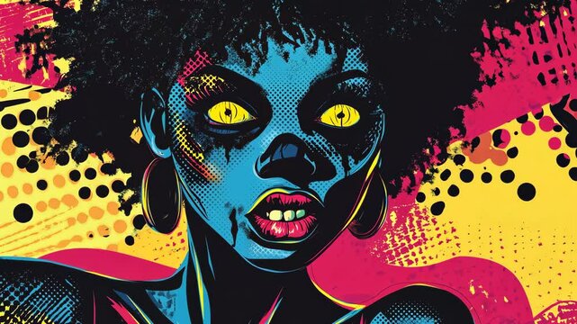 Pop art concept black woman in halloween zombie costumes. Colorful background in pop art retro comic style. 2025 Halloween costume party poster background video. Copy paste area
