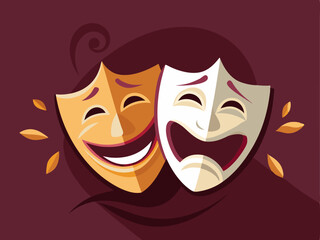 dramatic theater mask set – one happy and one sad face, on a dark burgundy background.