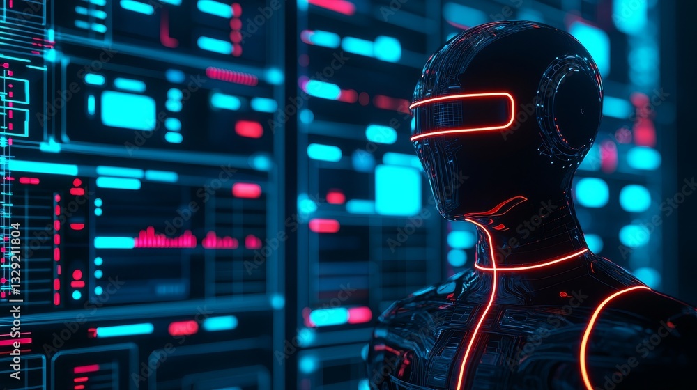Poster ai-powered digital assistants concept. futuristic robot in a tech environment with vibrant neon ligh