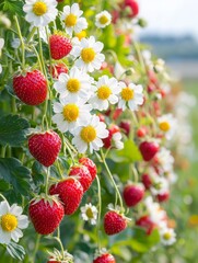 Delicious Strawberries and White Flowers Growing in a Bright Garden