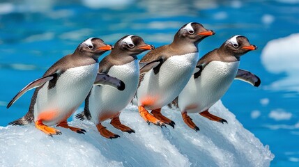 Obraz premium Four Gentoo Penguins on Iceberg in Antarctic Ocean