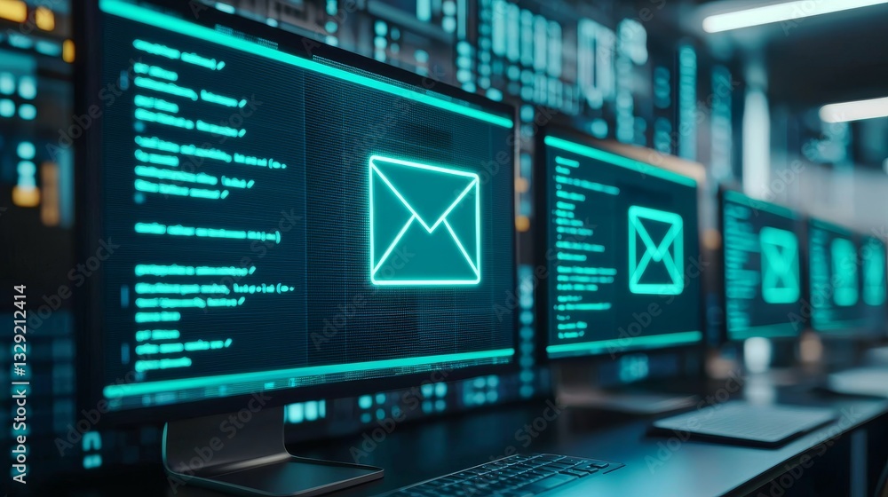 Poster email marketing campaign automation. screens display email icons and code in a modern tech environme