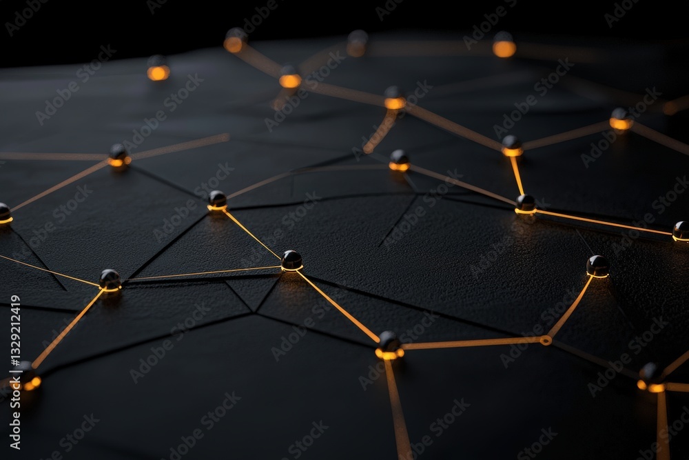 Poster abstract network design with glowing nodes and connecting lines over a dark surface, perfect for tec