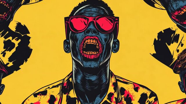 Pop art concept black man in halloween zombie costumes. Colorful background in pop art retro comic style. 2025 Halloween party poster background video. Copy paste area