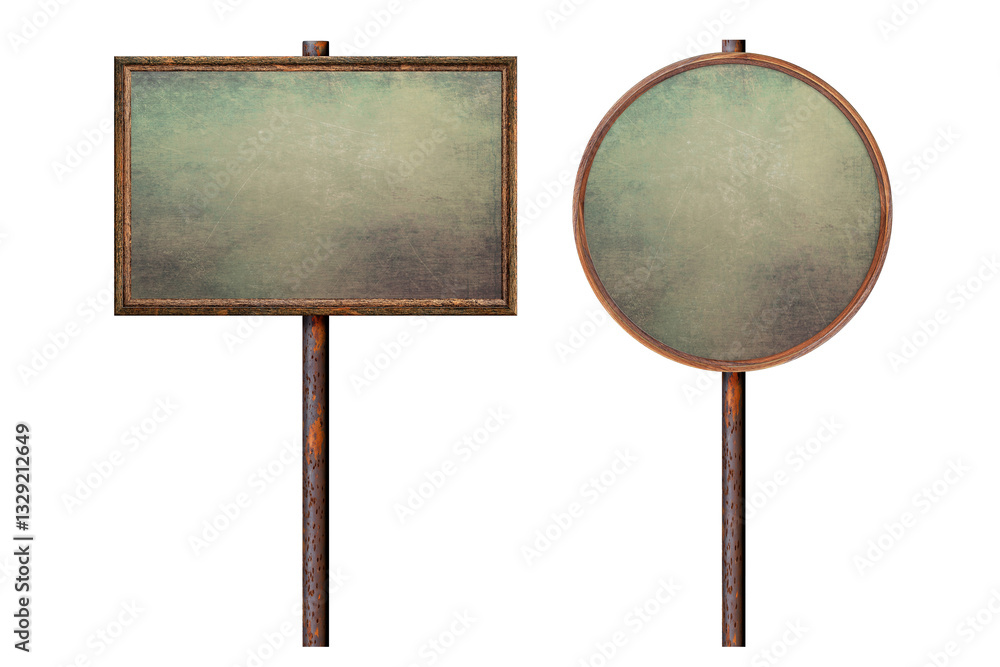 Poster set wooden empty dirty sign on rusty pole. rectangular and round frame with empty painted green grun