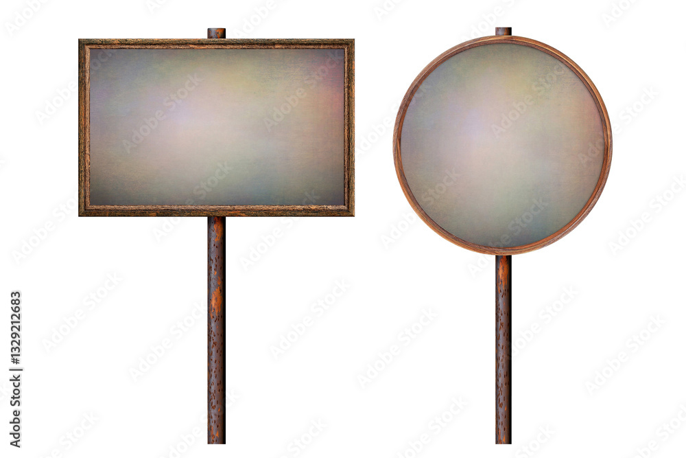 Poster set wooden empty dirty sign on rusty pole. rectangular and round frame with empty painted abstract s