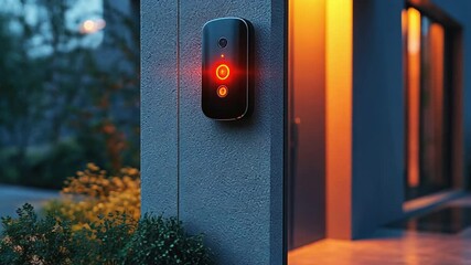 Smart Home Security: A close-up shot of a sleek security device mounted on a modern home exterior. The device glows with an inviting light, symbolizing safety and advanced protection.