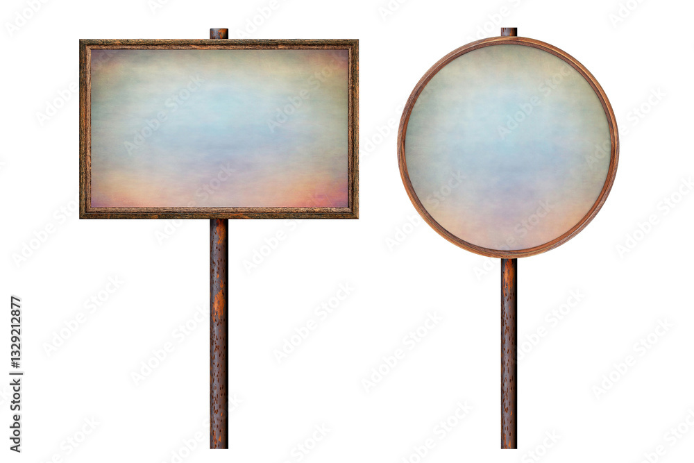 Poster set wooden empty dirty sign on rusty pole. rectangular and round frame with empty painted grunge sur