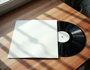 Vinyl record and blank cover mockup on wooden table in sunlight.
