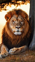Fototapeta premium Majestic lion resting under a baobab tree during a golden sunset with glowing skies and warm atmosphere