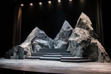 A stage set featuring a mountain rock backdrop and steps