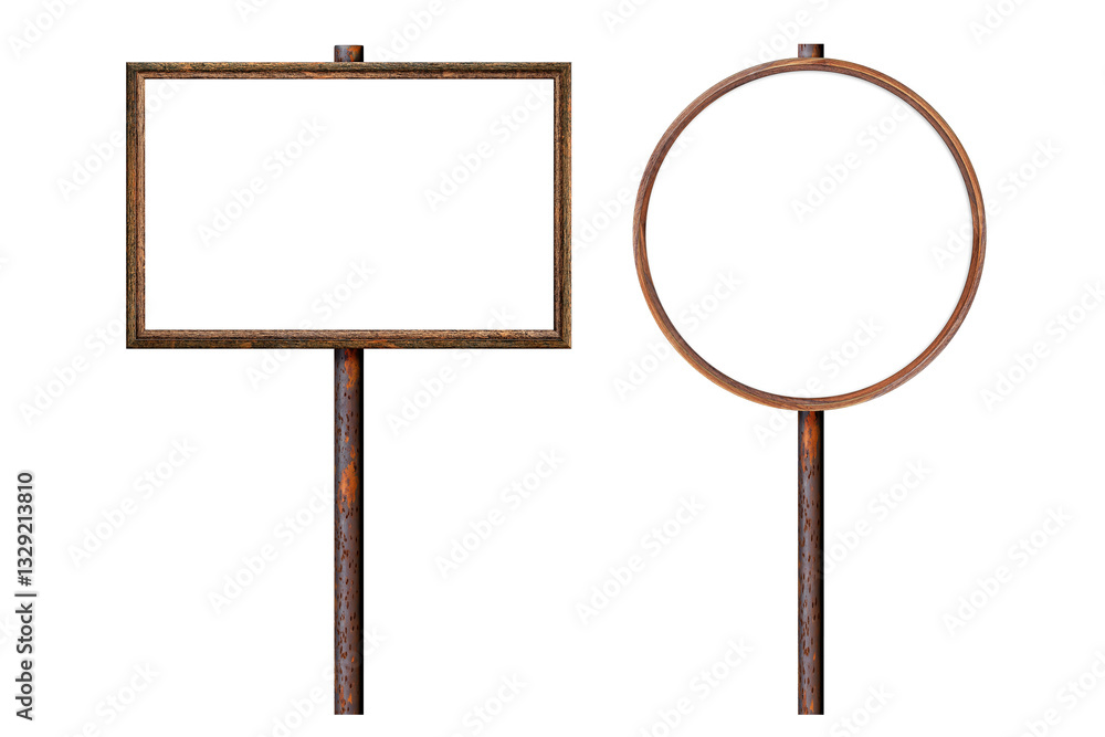 Poster set wooden empty dirty sign on rusty pole. rectangular and roundframe with blank surface. signboard 