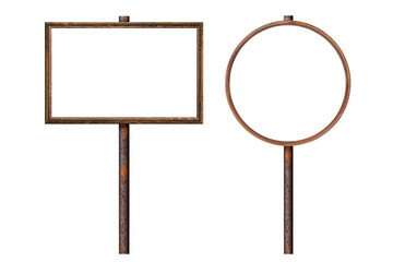 Obraz premium Set wooden empty dirty sign on rusty pole. Rectangular and roundframe with blank surface. Signboard isolated on white