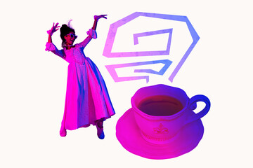 Contemporary art collage of happy duchess girl stand coffee cup beverage steam barista cafeteria herbal tea ceramic mug saucer