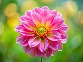 Fototapeta premium Macro photography captures a spring blossom's ethereal beauty, its pink petals and yellow center softly blurred.