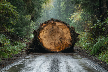 Big fallen tree blocks a forest road