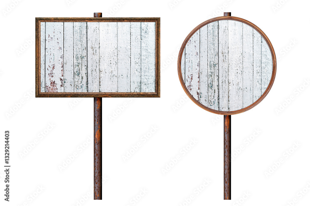Poster set wooden empty dirty sign on rusty pole. rectangular and round frame with empty painted plank surf