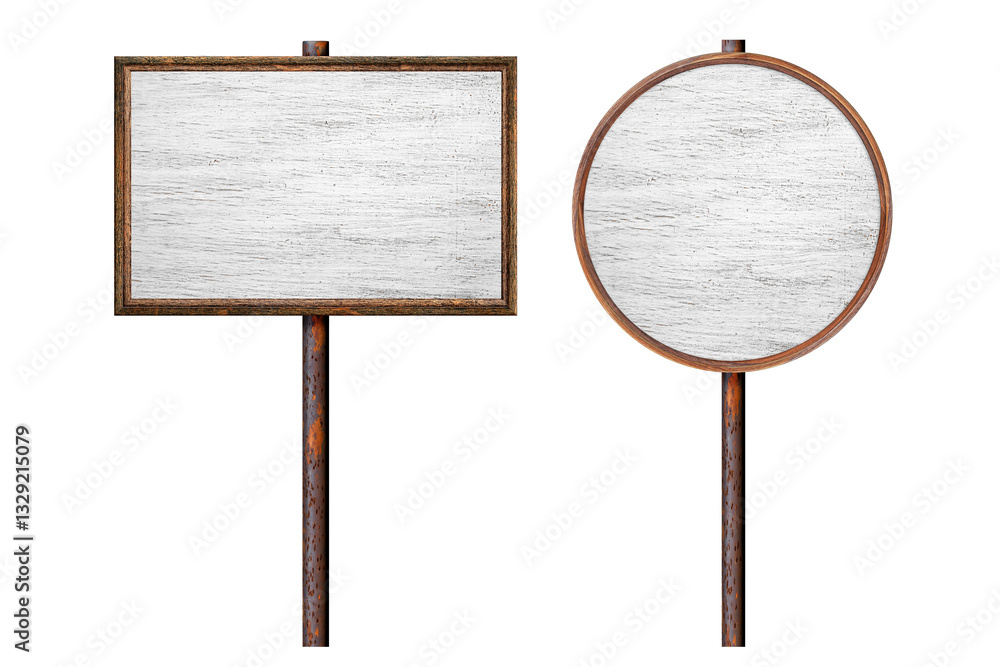 Poster set wooden empty dirty sign on rusty pole. rectangular and round frame with empty peeled painted sur