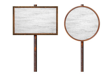 Set wooden empty dirty sign on rusty pole. Rectangular and round frame with empty peeled painted surface. Signboard isolated on white