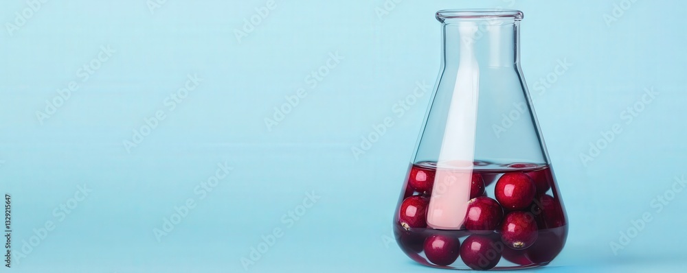 Poster antioxidant extracts supplement concept. laboratory flask with red liquid and spheres inside on a bl
