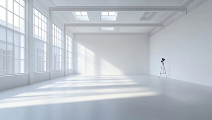 Obraz premium Spacious White Studio Room with Large Windows, Skylights, and Tripod Light, Perfect for Photography or Filmmaking Projects