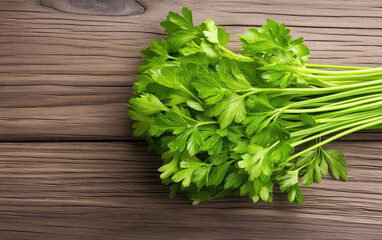 Fresh parsley on wooden table, showcasing vibrant green leaves and stems, perfect for culinary use and garnishing dishes