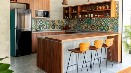 Modern kitchen island, teal tile backsplash, wood cabinetry, breakfast bar, outdoor view