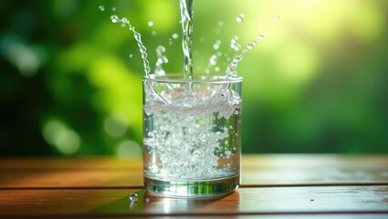 Water pours into a glass positioned on a wooden bar.