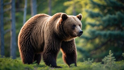 Fototapeta premium Wild Brown Bear in a summer forest. Animal in its natural habitat. Scene of wildlife.