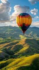 Fototapeta premium Colorful hot air balloon floating above rolling green hills under a bright sky.