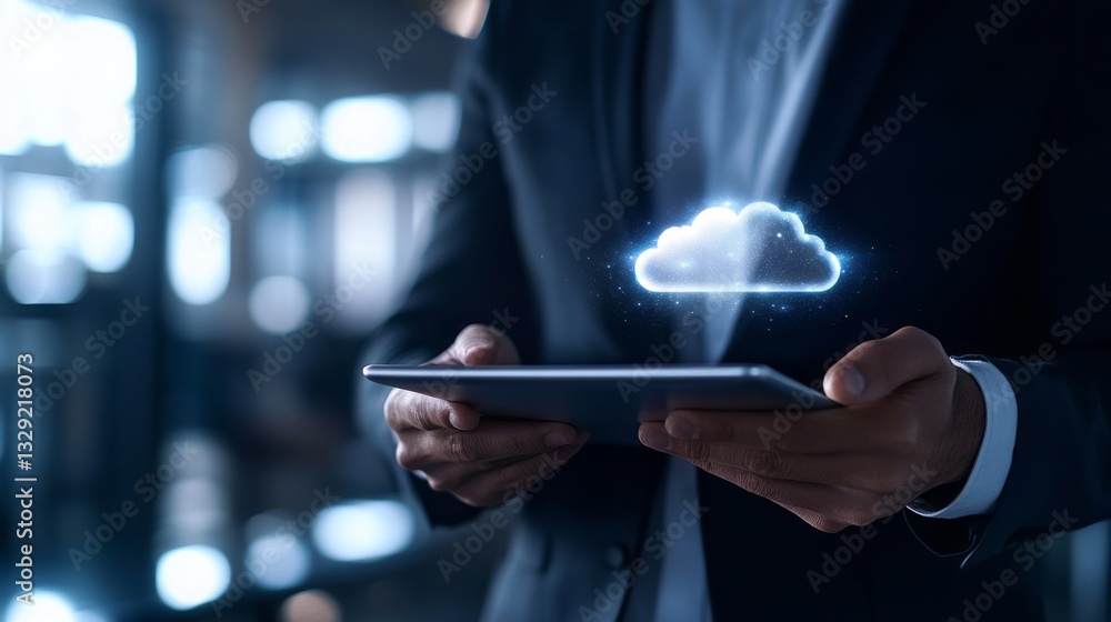 Fototapete  A photograph of a businessman holding an open tablet with a glowing cloud technology icon, symbolizing the idea of using clouds for online storage and data transfer. 