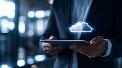  A photograph of a businessman holding an open tablet with a glowing cloud technology icon, symbolizing the idea of using clouds for online storage and data transfer. 