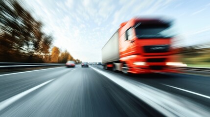 Fototapeta premium High-speed red truck on highway motion blur effect capturing fast-moving freight transport