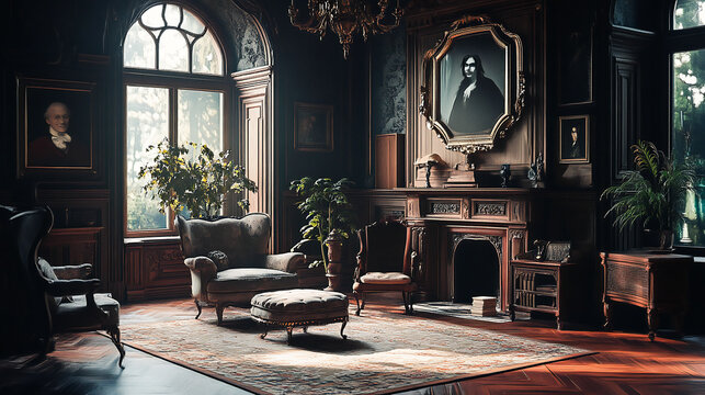 An antique vampire castle is set in an elegant Victorian living room for adventure games. Castle of Dracula vampire of Transylvania. 3D illustration and Halloween theme and horror background
