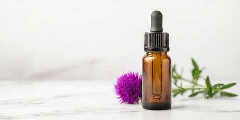 Fototapeta premium Antioxidant Extracts supplement concept. Brown glass dropper bottle with purple flower and green leaves.