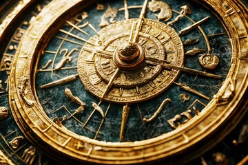 Fototapeta premium Ancient golden zodiac wheel with astrological symbols esoteric fantasy astrology