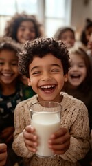 Obraz premium A joyful child holding a glass of milk surrounded by laughing friends, embodying happiness and friendship in a cozy setting.