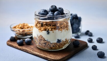 blueberries and yogurt on the wooden piece 