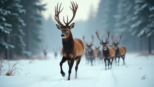 The Red Deer sprinting through the snow in a typical winter setting, a majestic animal proudly displaying its antlers, sparkle in the eye, accompanied by a herd of Deers in the snowy forest.