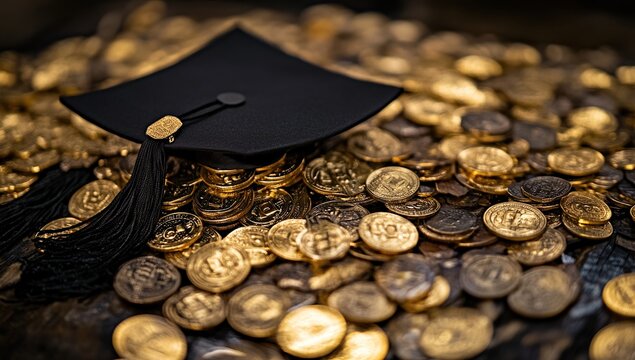 Graduation Cap Rests on a Pile of Gold Coins:  The High Cost of Higher Education, Future Financial Success, and the Pursuit of Knowledge.