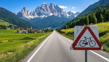 Naklejka premium Photo of road sign with bicycle illustration, Dolomites mountains and green fields in Italy, straight highway leading to peaks, buildings among trees, natural beauty, travel culture, wide shot.