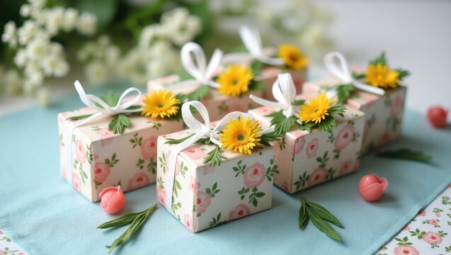Wedding favors handmade soap gift bags decorated with flowers, favor table decor in a romantic rustic style.
