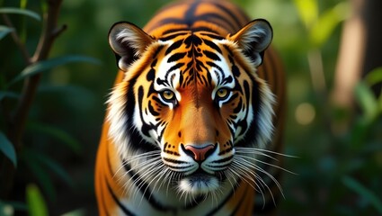 Obraz premium Fine art portrait of a wild male tiger with sunlight illuminating his face and eyes during an outdoor wildlife jungle safari.