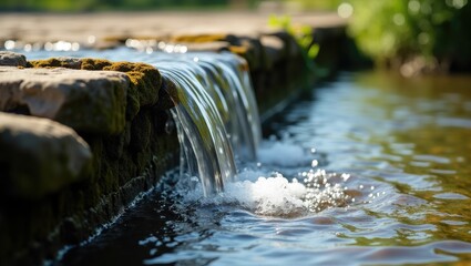 Water cascading from a stone and irrigation channel.